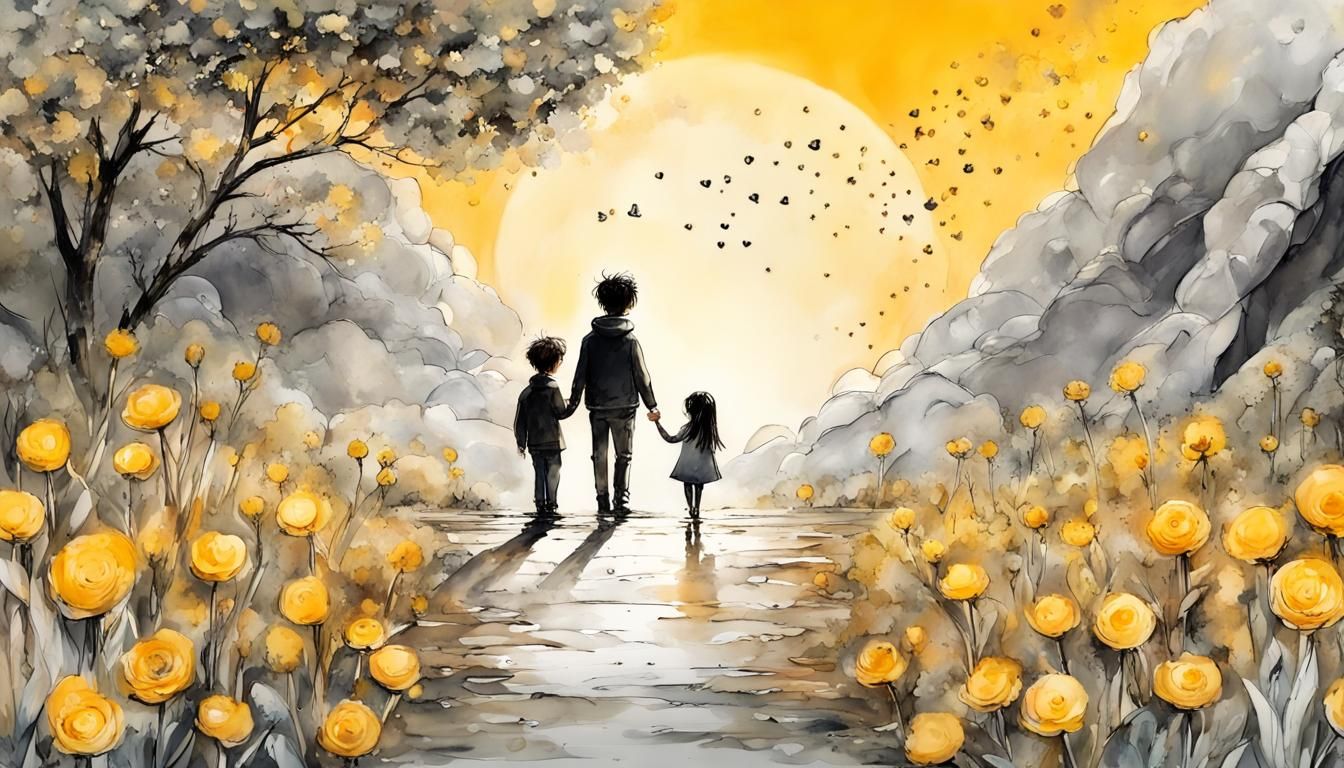 Boy Gives Flower to Girl: Ink Art Style
