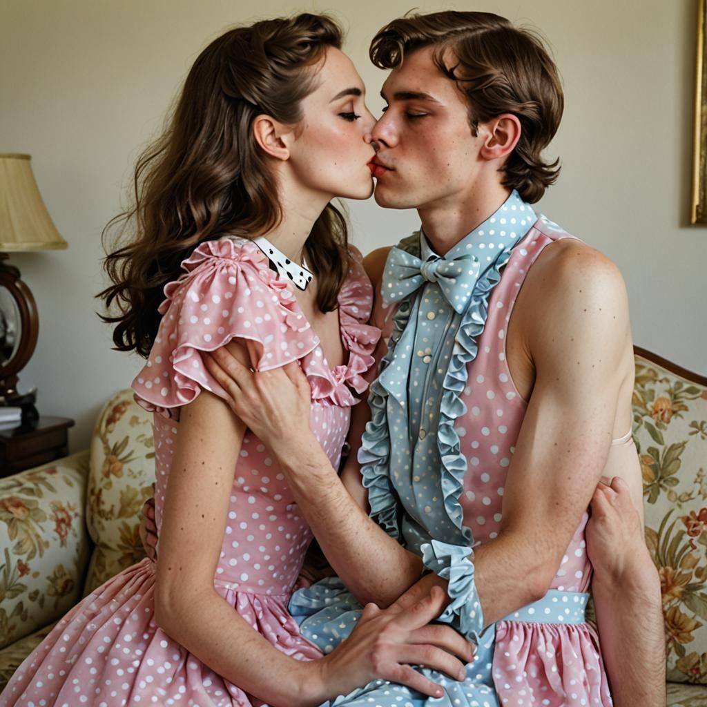 Young Woman Kissing Crossdressing Person Portrait