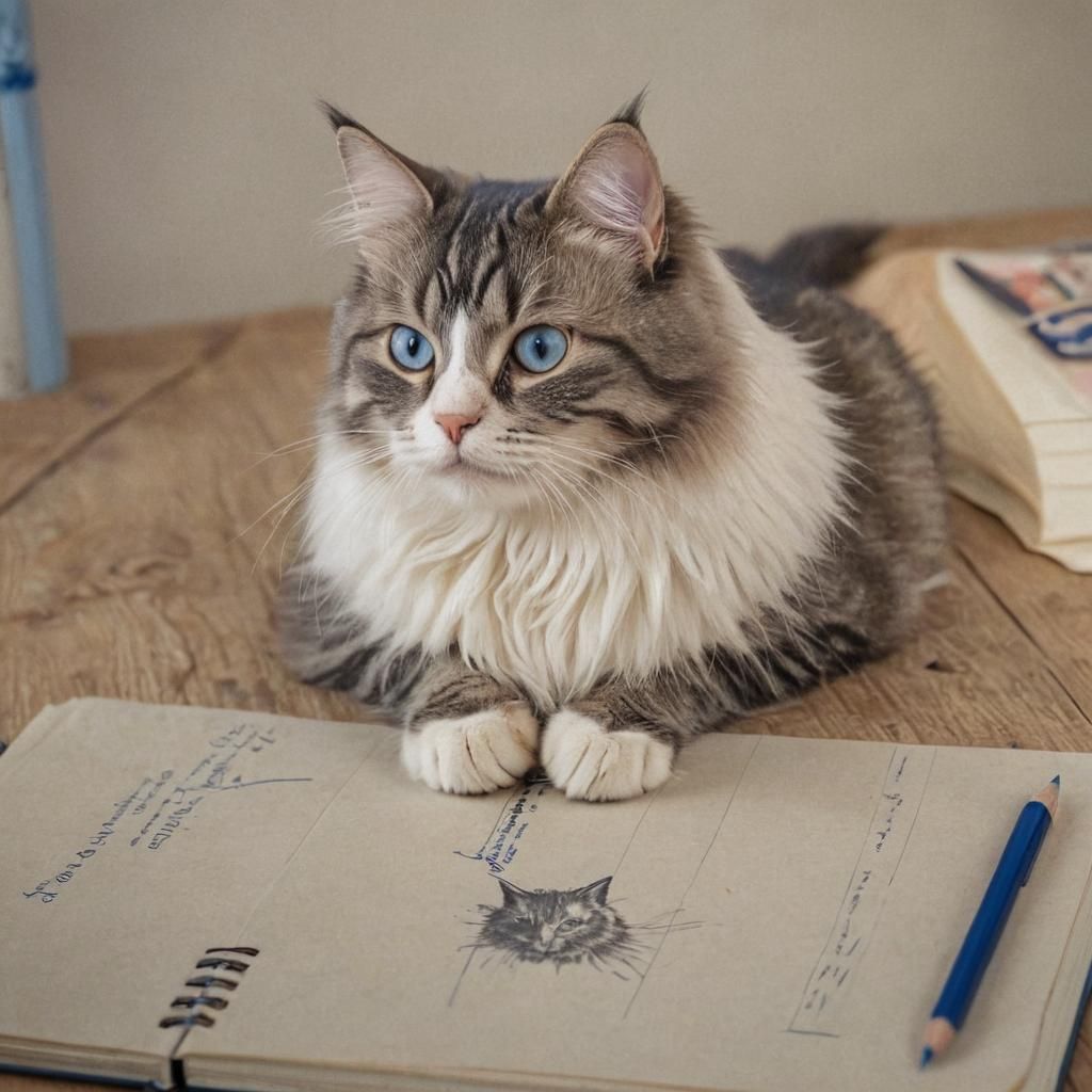 Norwegian Forest Cat Portrait on Wooden Table