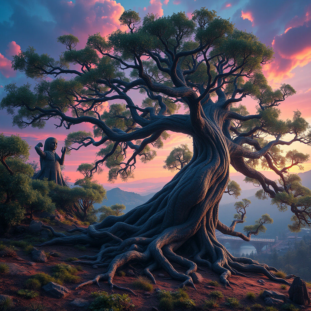 Colossal Tree in Mystical Realm Sunset