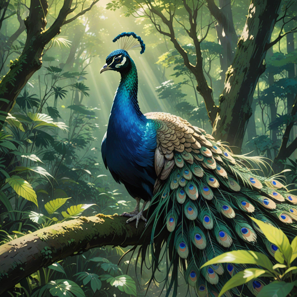 Majestic Peacock Unfolds in Enchanted Forest Lushness