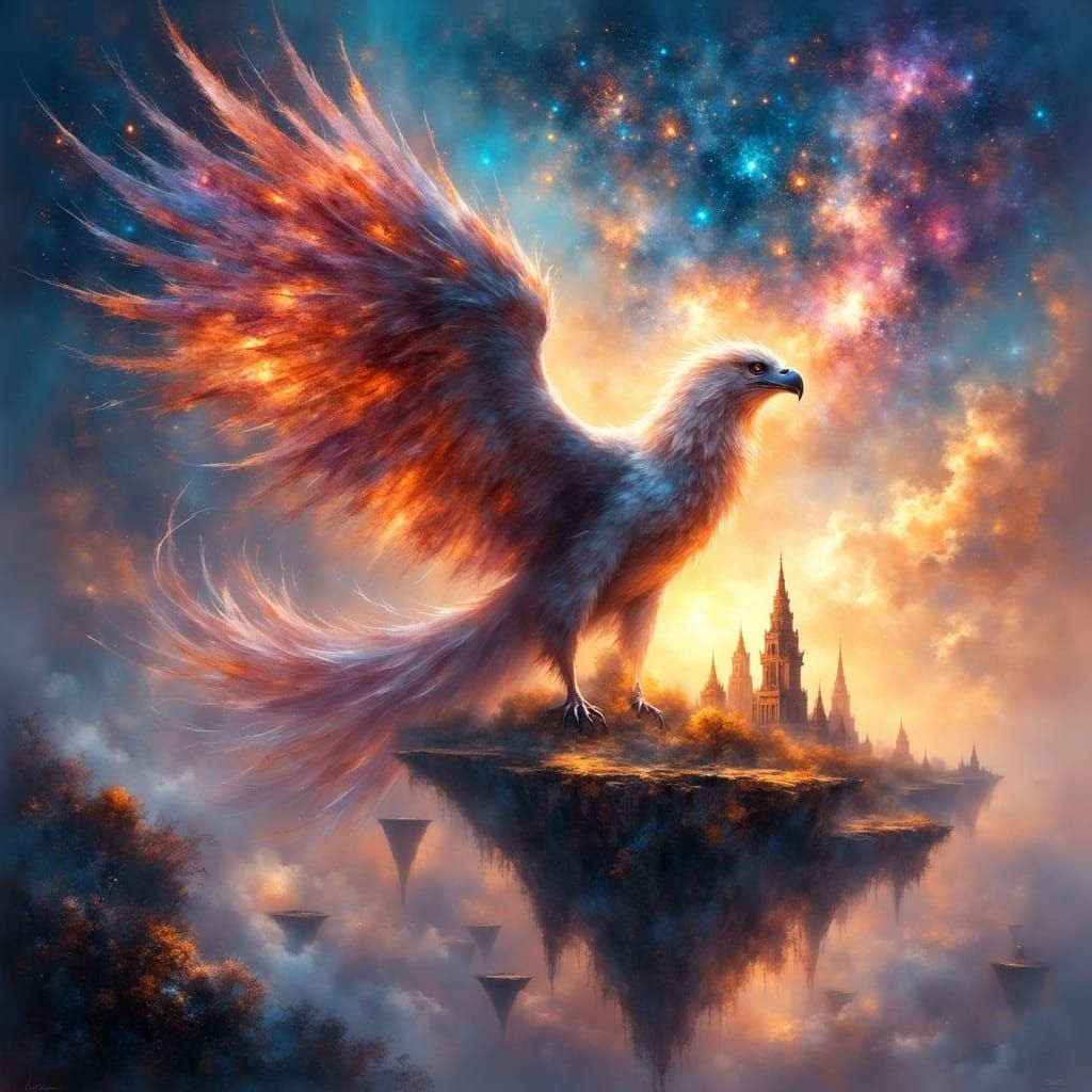 Majestic Griffin Soars Through Nebula Sky Above Floating Isl...