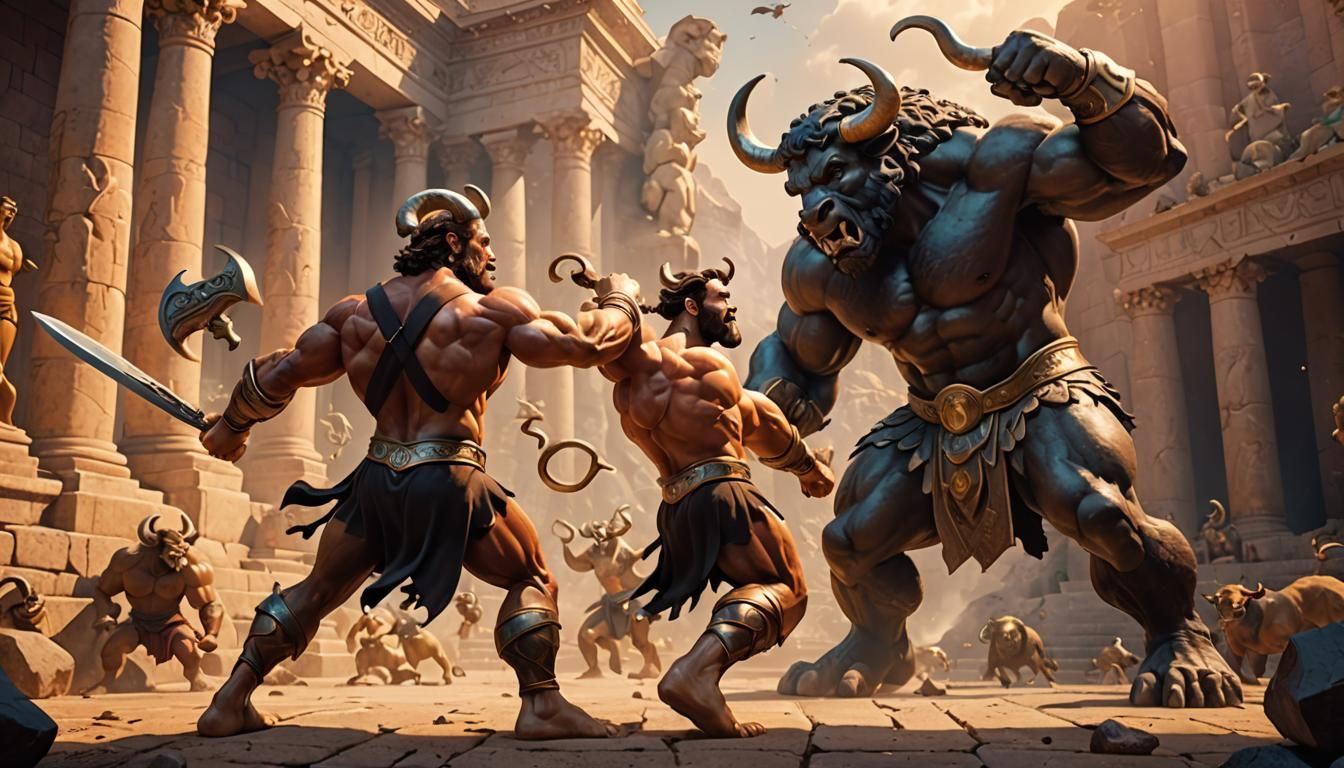 Hercules vs Minotaur: Mythical Battle as 3D Art