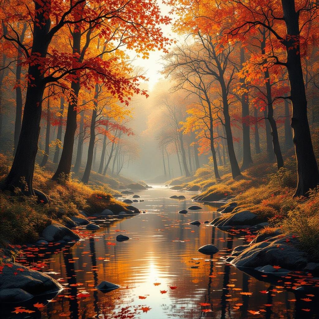 Serene Autumn Forest with Golden Sunlight and Mist