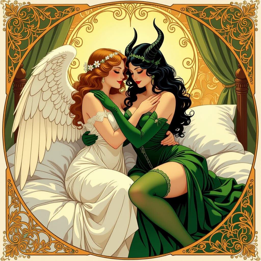 Angelic and Demonic Women Embrace in Art Nouveau Style
