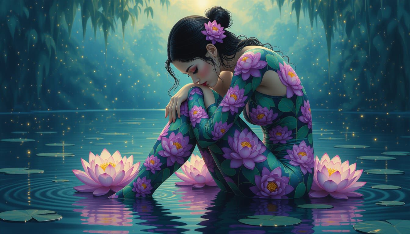 Lotus Woman in Dreamlike Pond Setting
