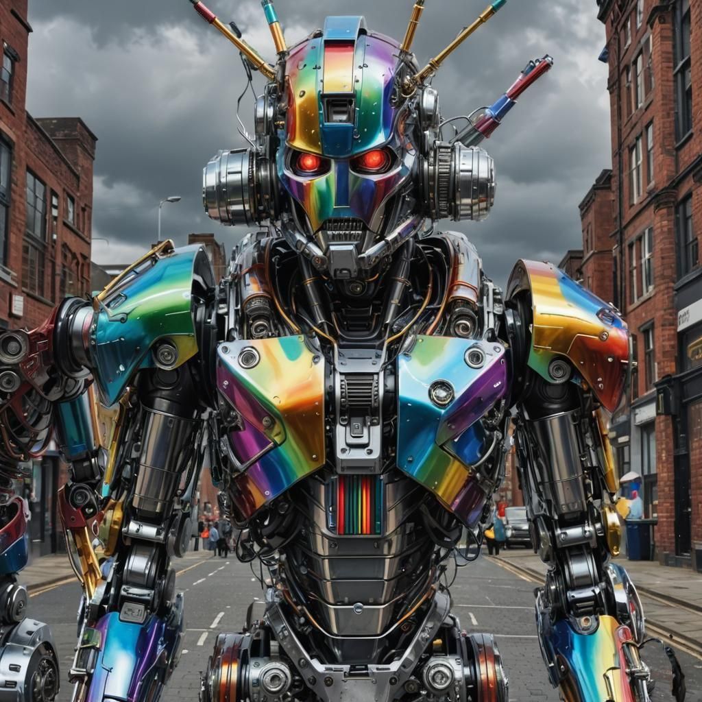 Rainbow Chrome Robot Warrior in Hyperrealism