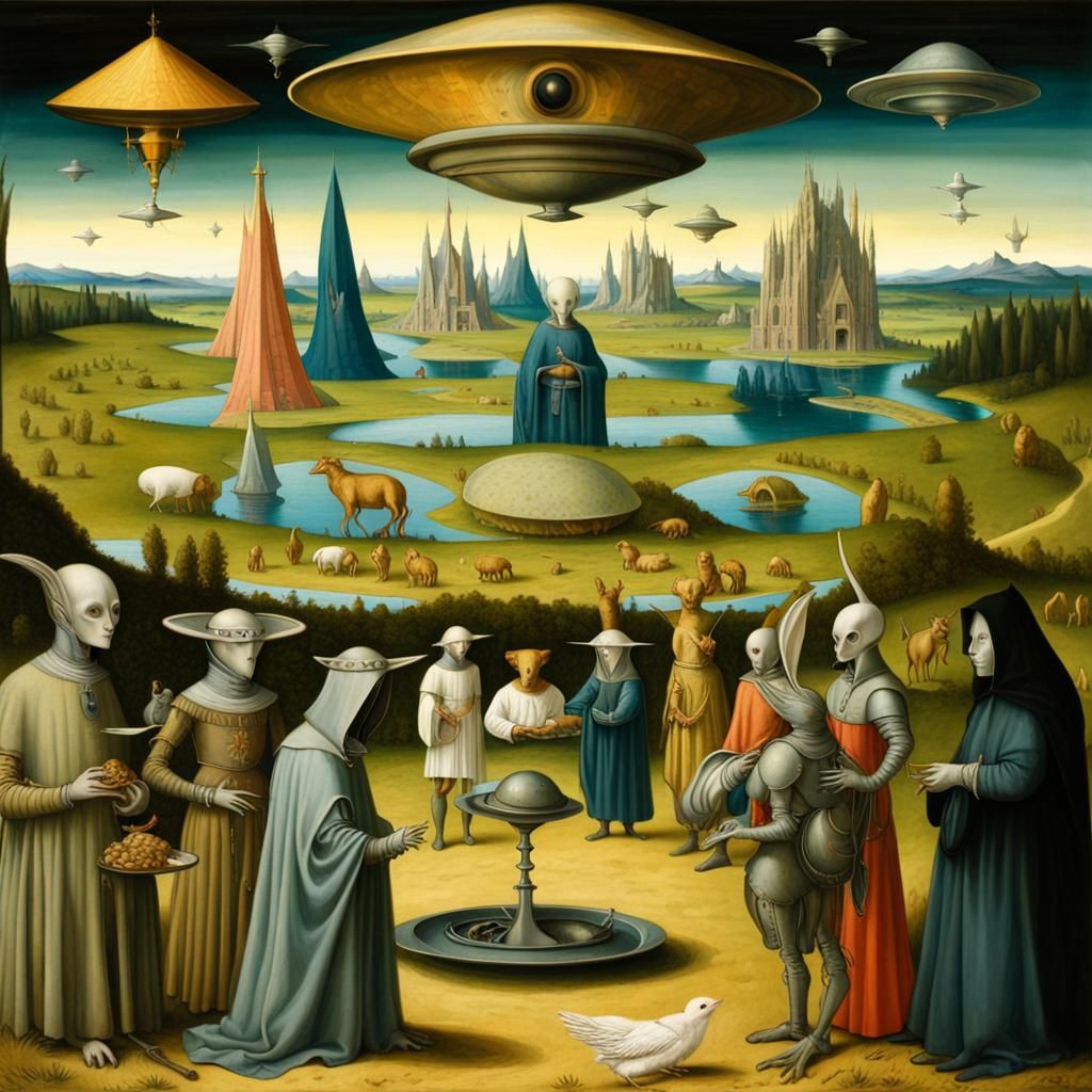 Alien Saint with Flying Saucer, Renaissance Style