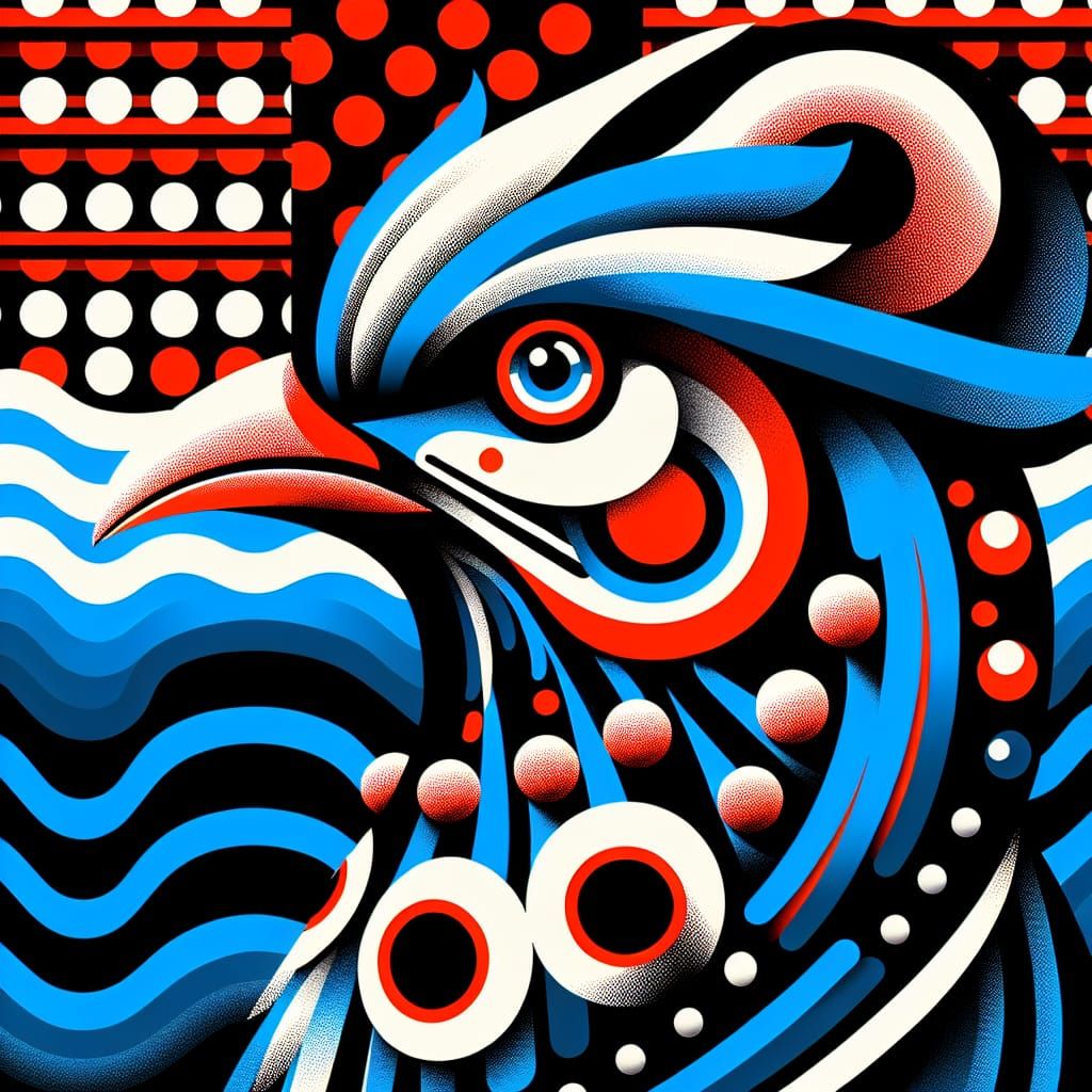 Surreal Bird with Polka Dot and Wave Background