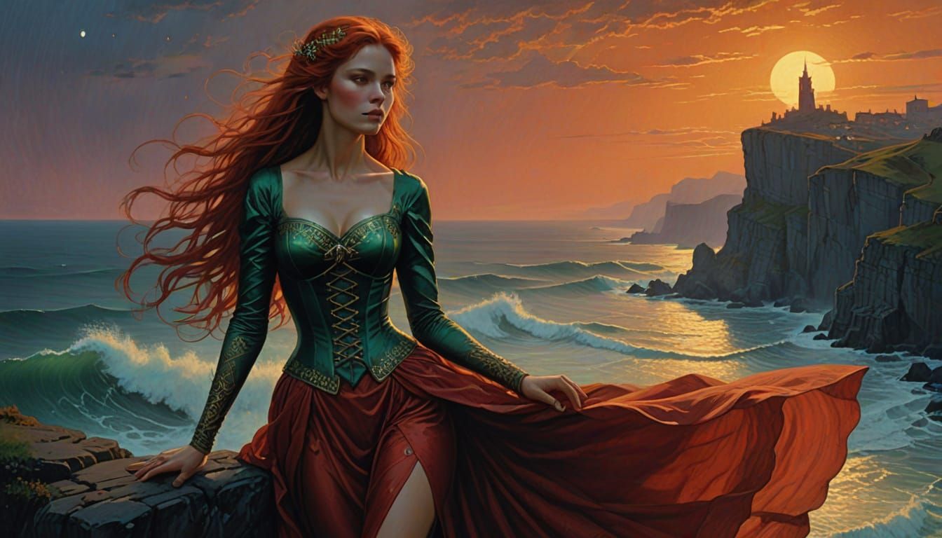Ethereal Red-Haired Woman on Cliff's Edge in Twilight