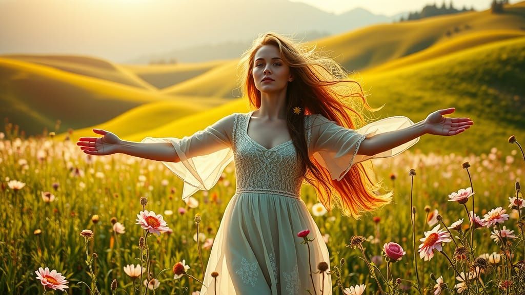 Woman in Sunlit Meadow, Pre-Raphaelite Style