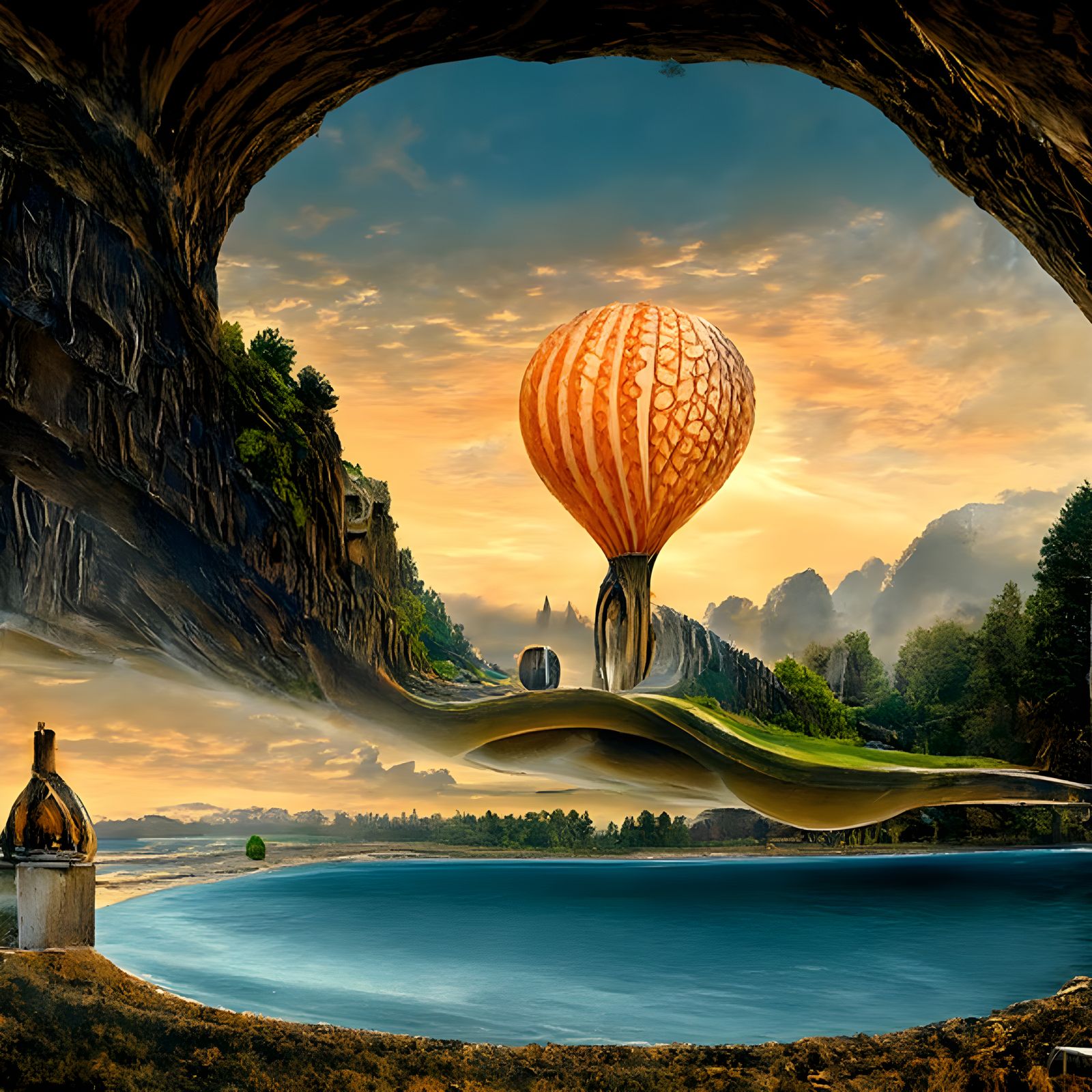 Hot Air Balloon Enters Cave: Surreal Oil Painting