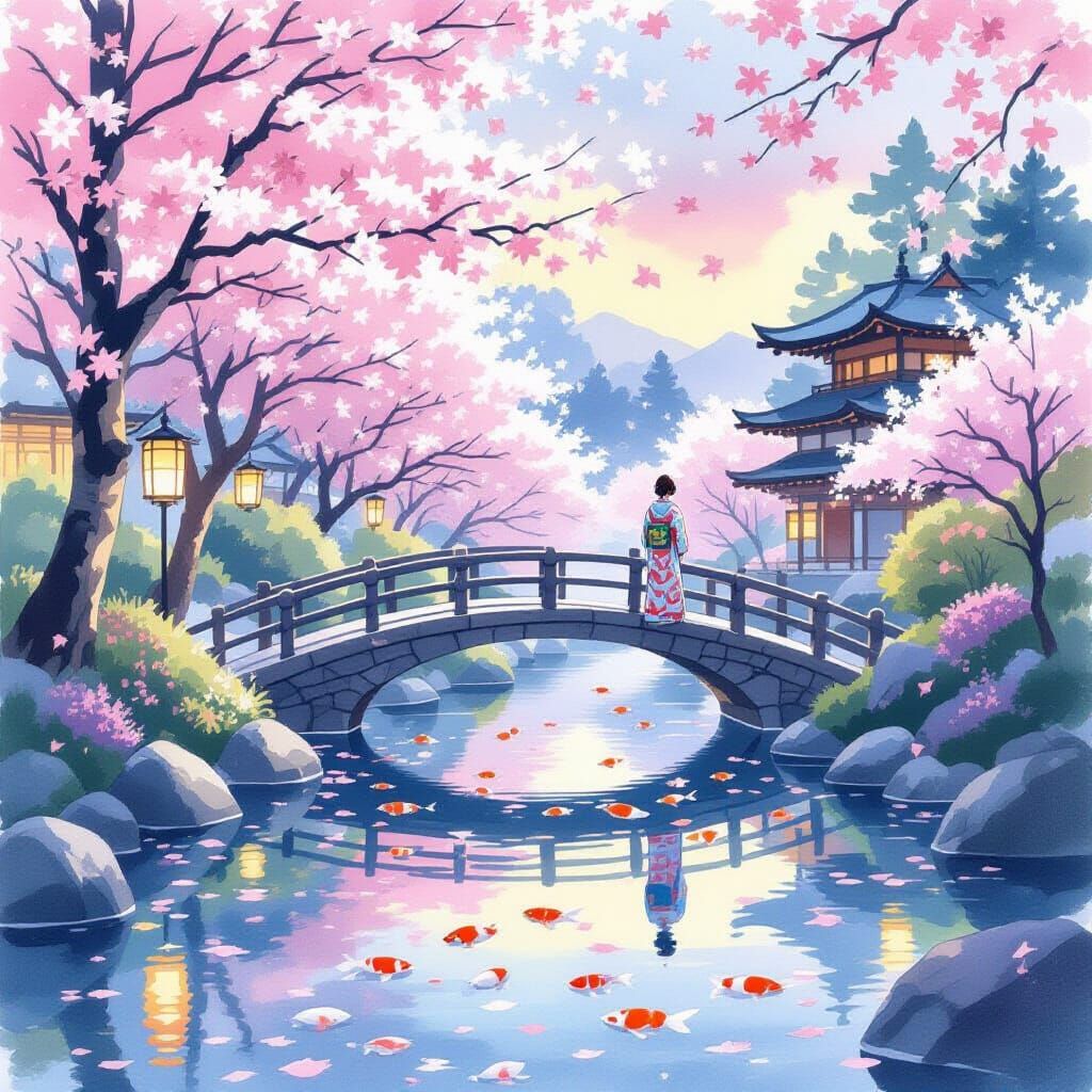 Twilight Japanese Garden with Koi Pond in Ukiyo-e Style