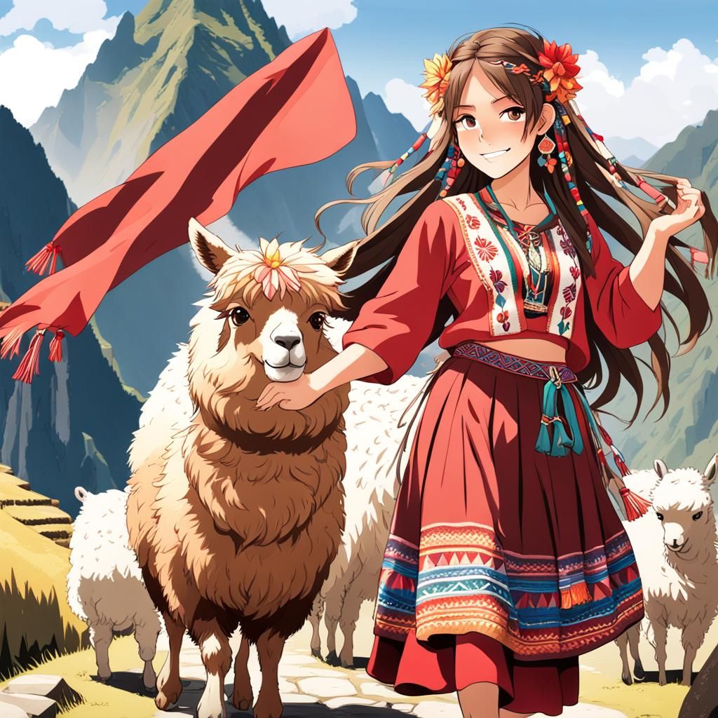 Anime Girl Dancing with Alpacas in Machu Picchu