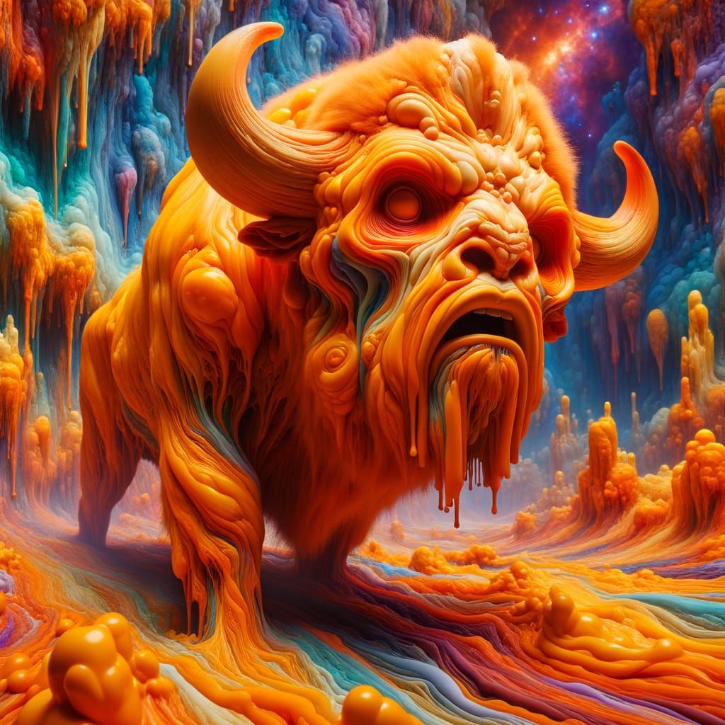 Eerie Bison-Humanoid in Melting Cosmic Landscape