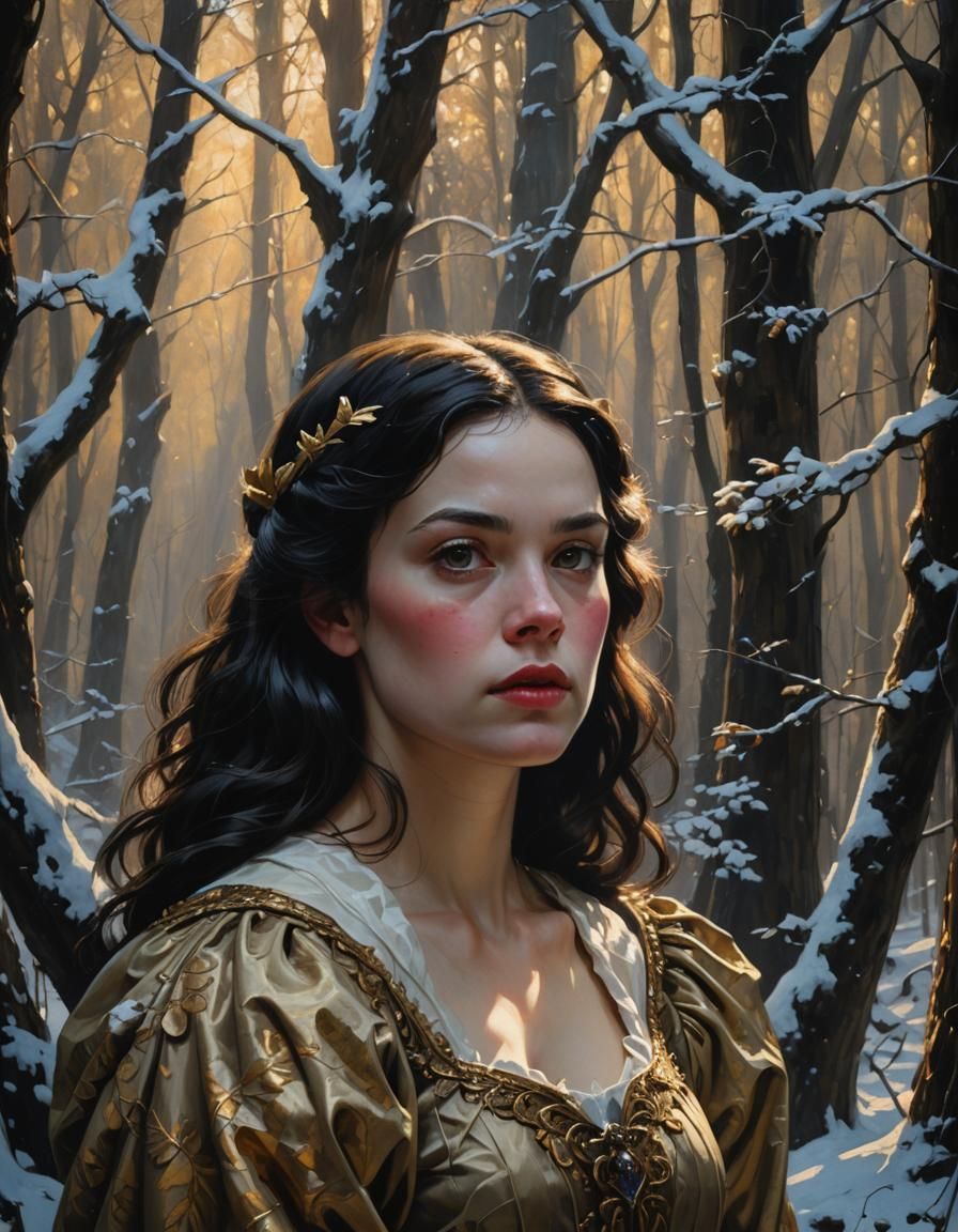 Snow White in Dark Forest, Gurney Style Oil Painting