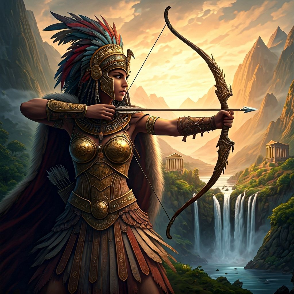 Amazonian Warrior Queen Cleopatra Aiming Bow Near Greek Temp...