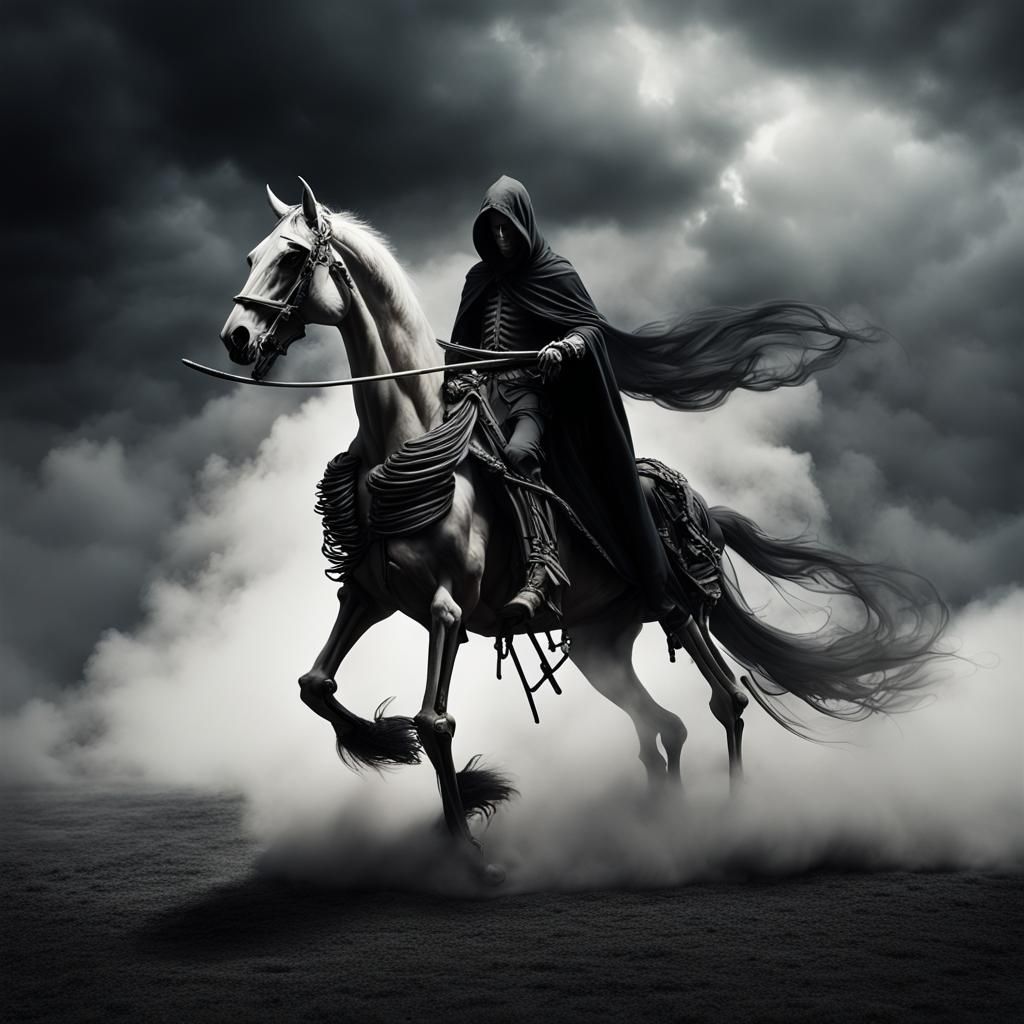 Grim Reaper on Skeleton Horse in Smoky Darkness