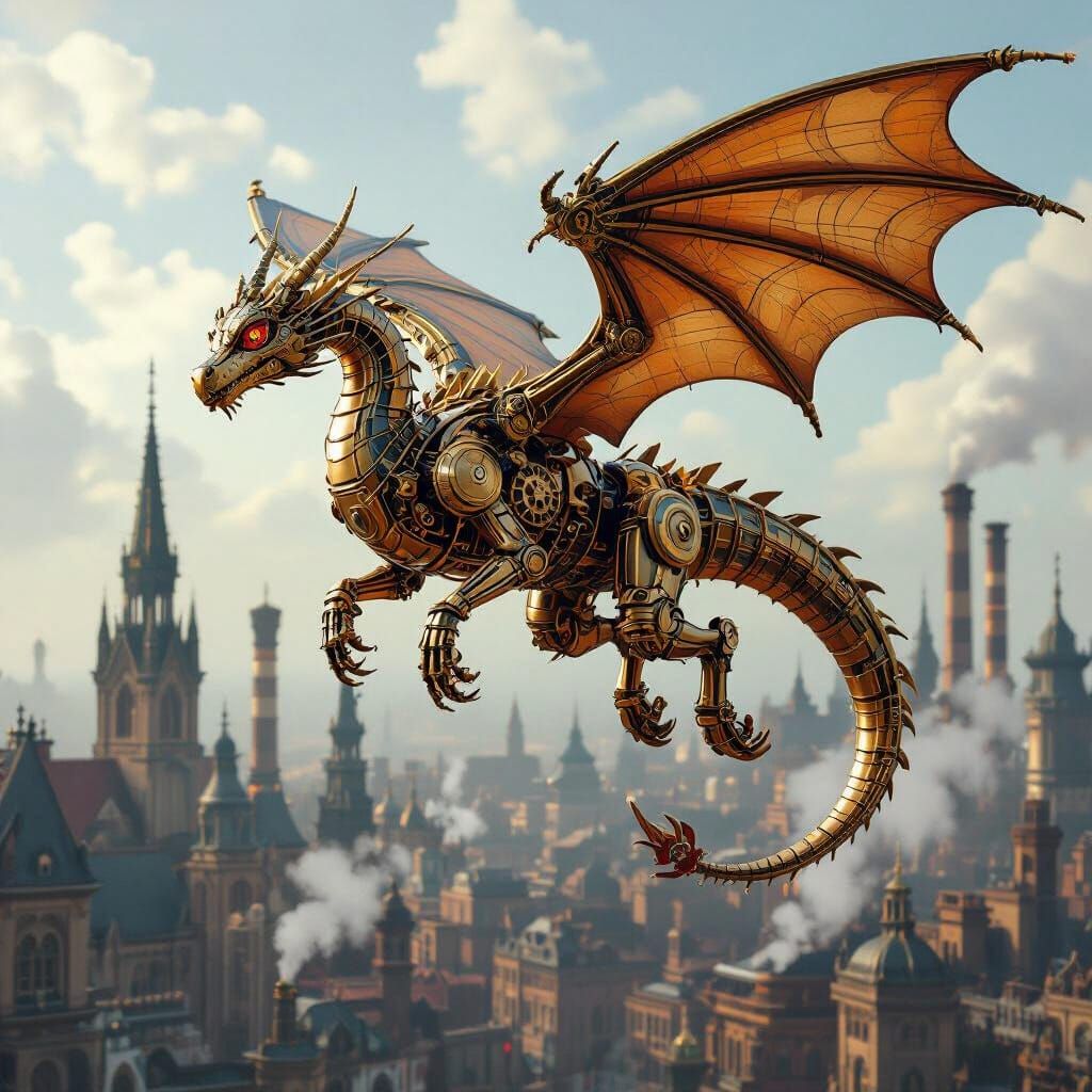 Steampunk Automaton Dragon Soaring Over Victorian Cityscape