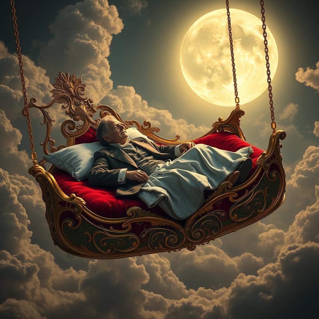 Man on Flying Bed in Moonlit Sky