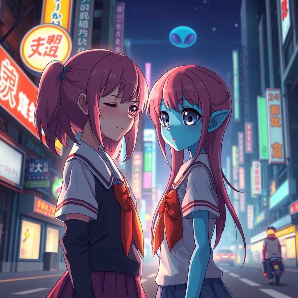 Anime Girl Meets Alien in Futuristic Cityscape