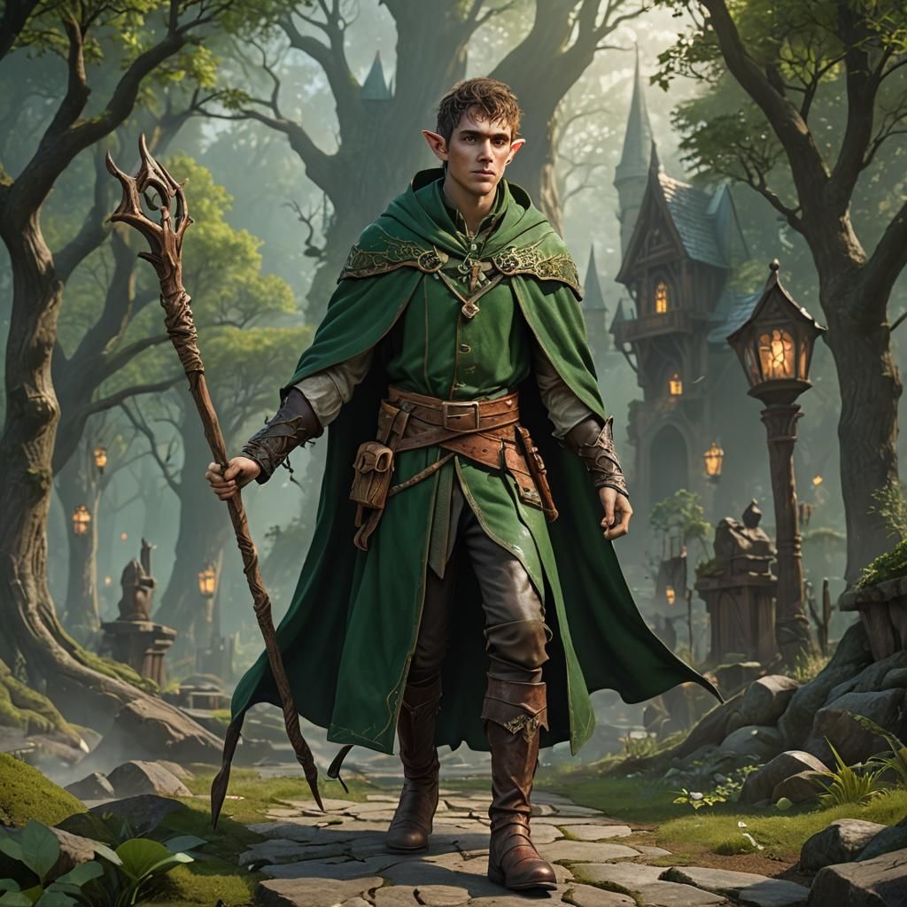 Young Elf Wizard with Magic Staff, Fantasy Art