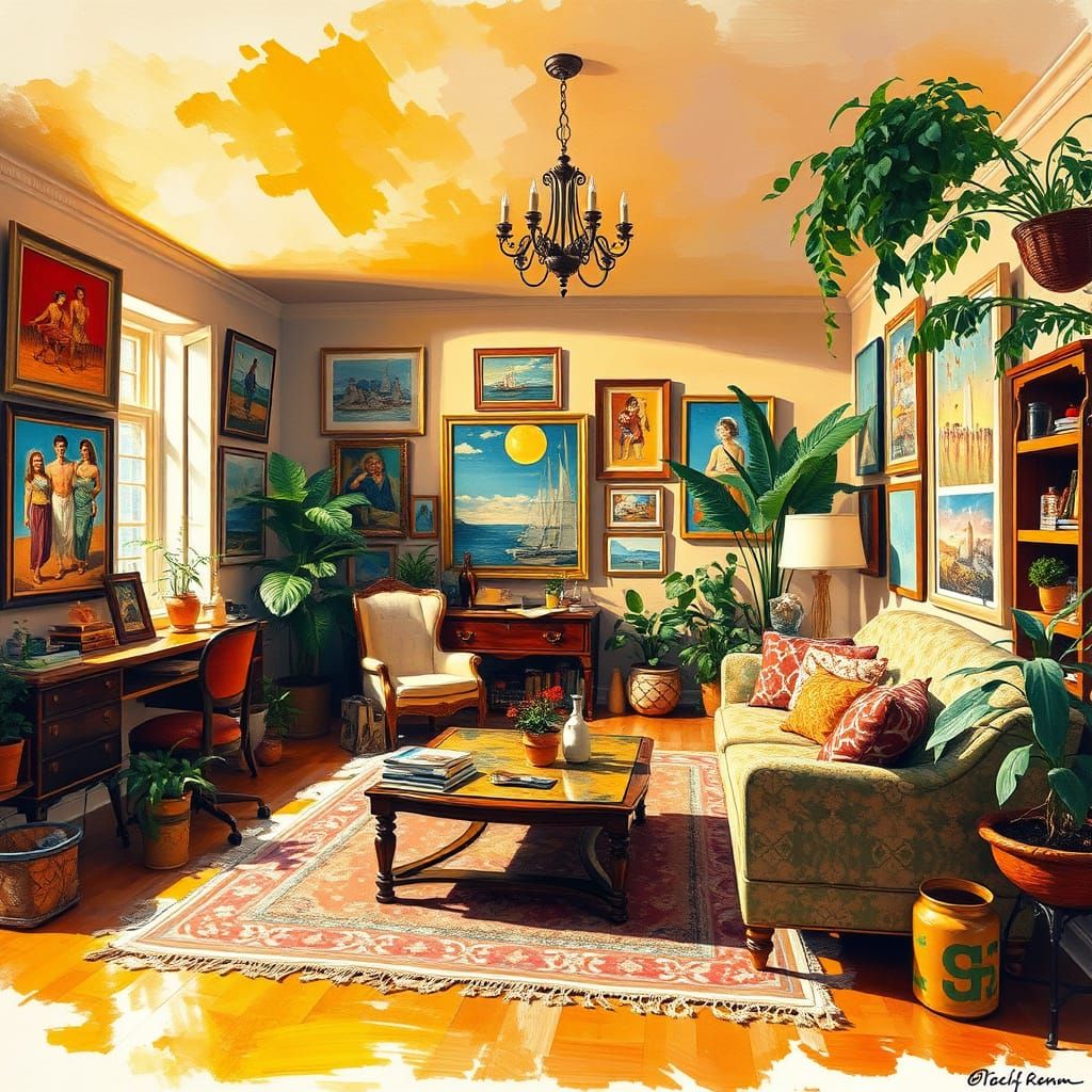 Vibrant Studio Scene in Gouache Style