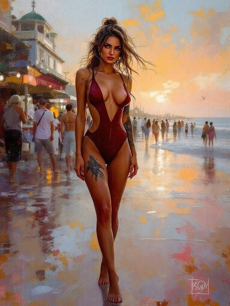 Edgy Woman with Tattoo on Boardwalk as Oil Painting