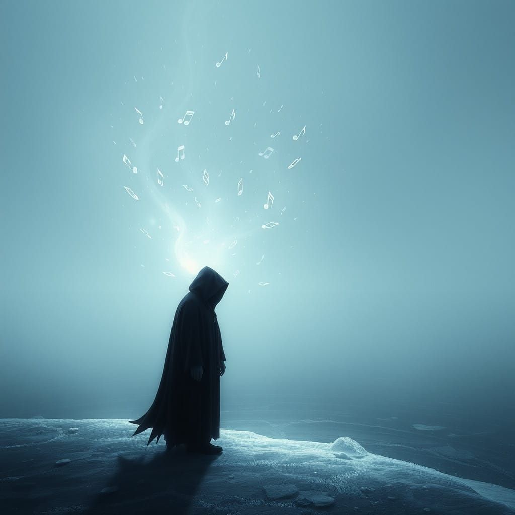 Ethereal Figure Shrouded in Velvet Cloak Dances with Icy Lig...