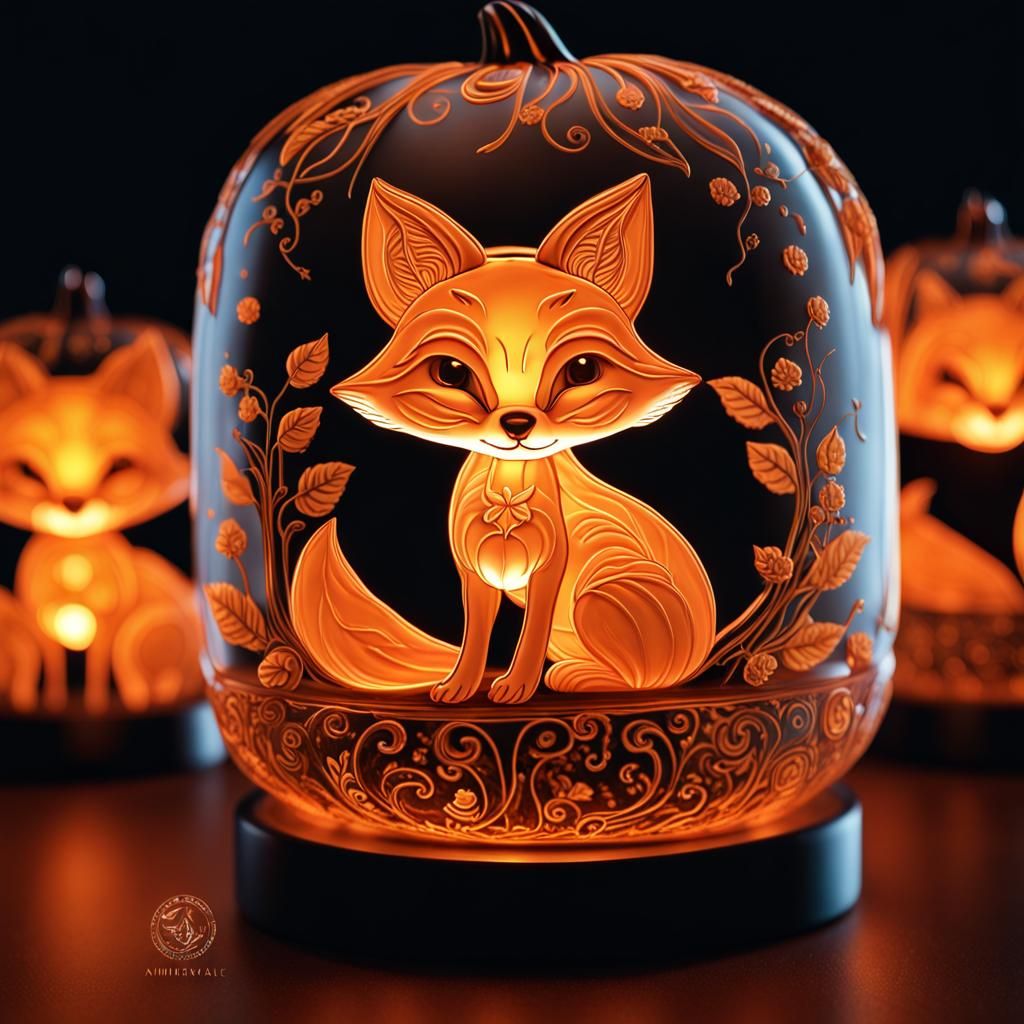 Enchanting Fox in a Carved Glass Pumpkin