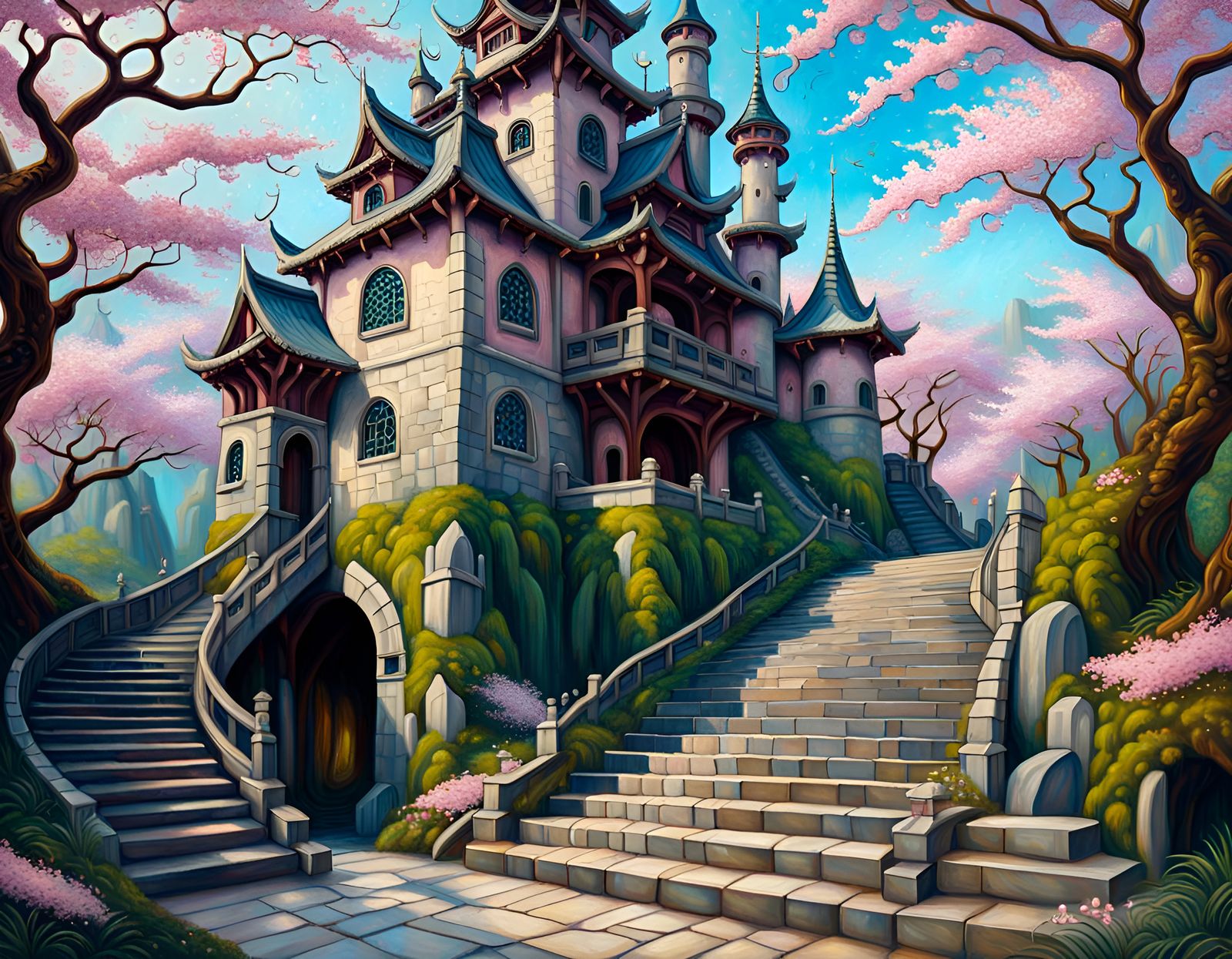 Gong, orca, cherry blossoms, serene.