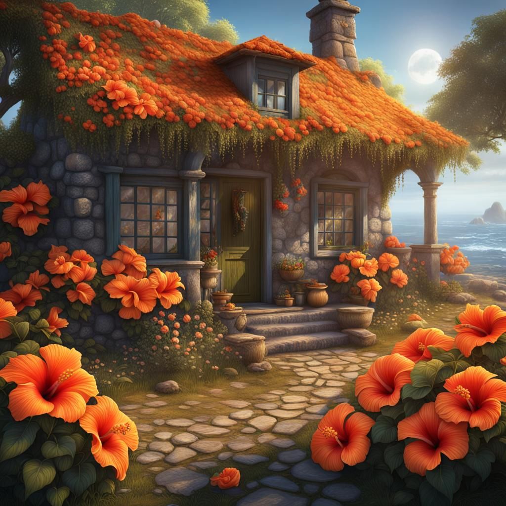 Coastal Cottage with Hibiscus in Fantasy Concept Art