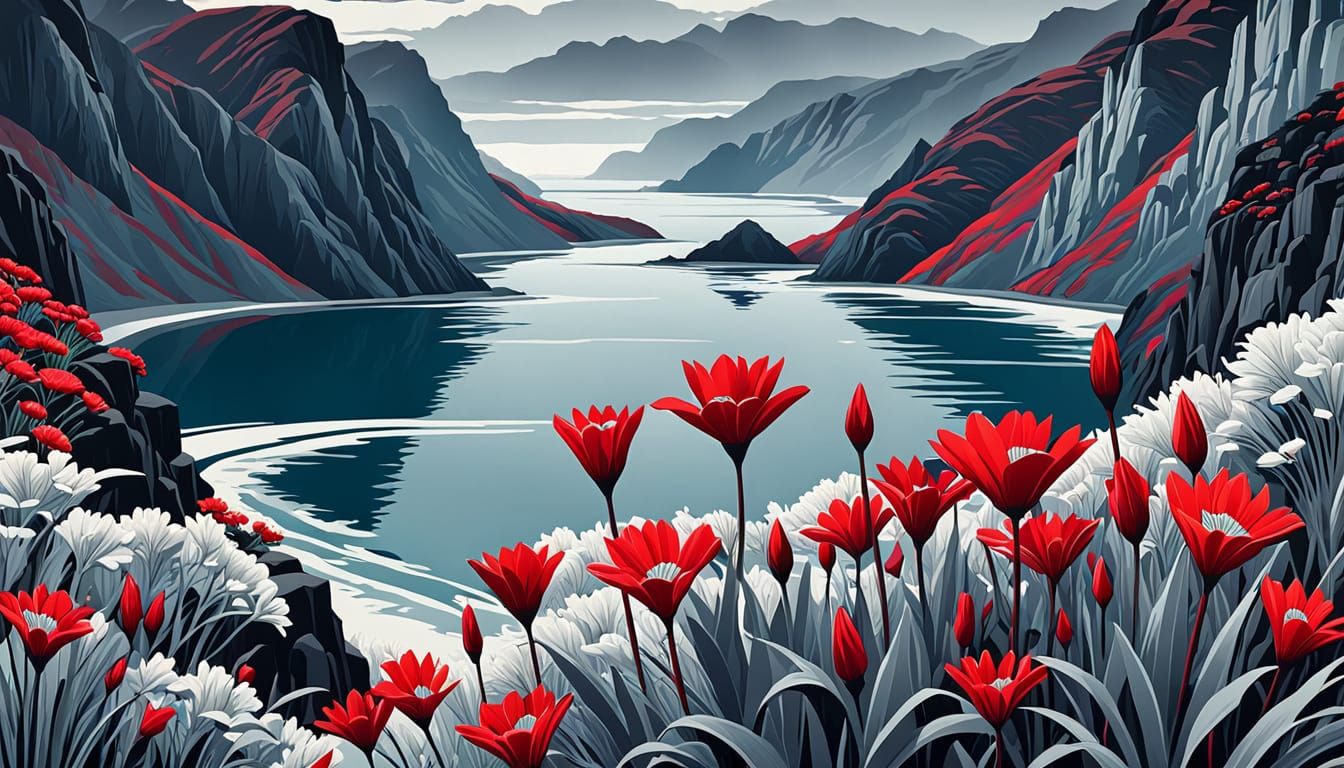 Dramatic New Zealand Fiord in Art Deco Woodcut Style