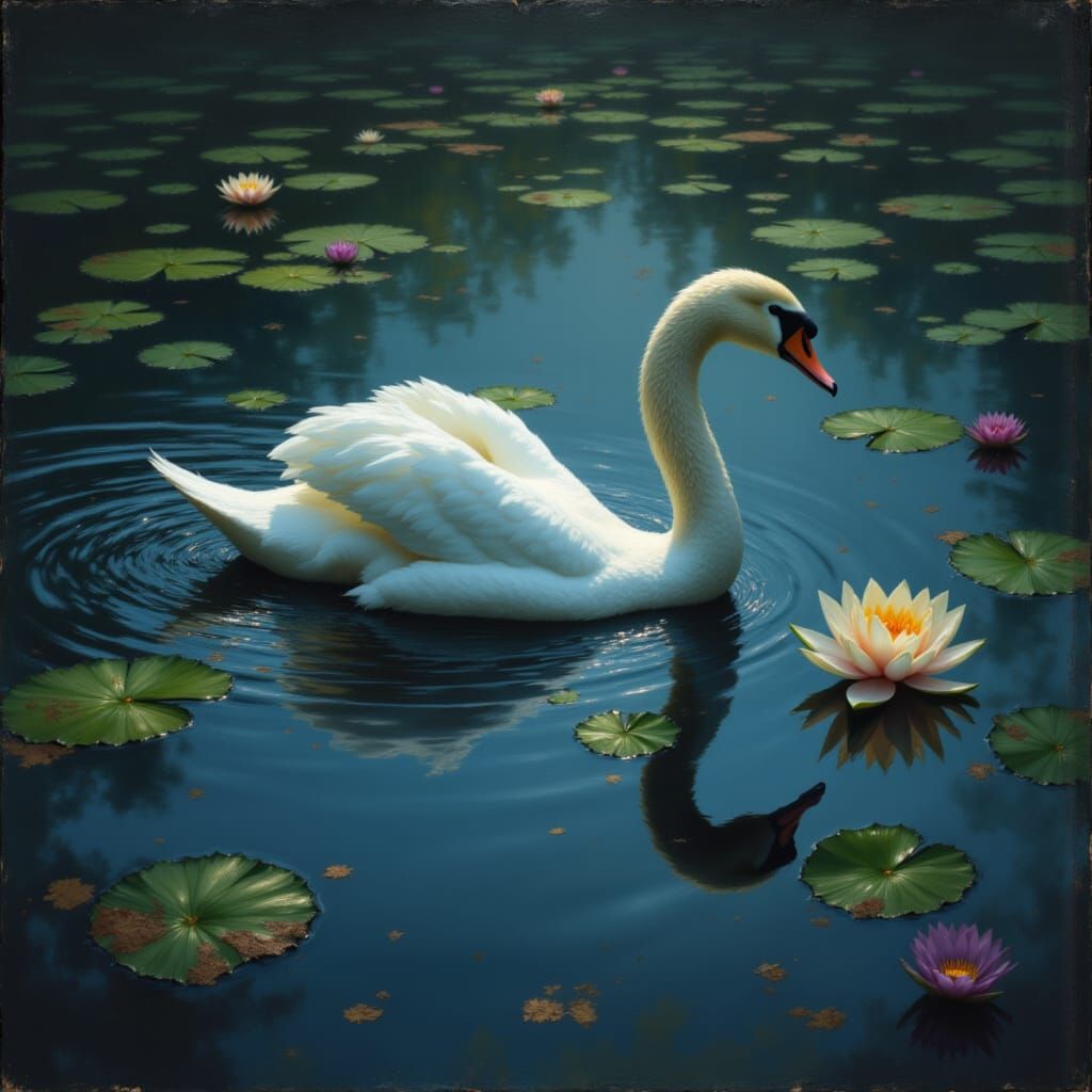 Swan on Twilight Pond: Stylized Oil Painting