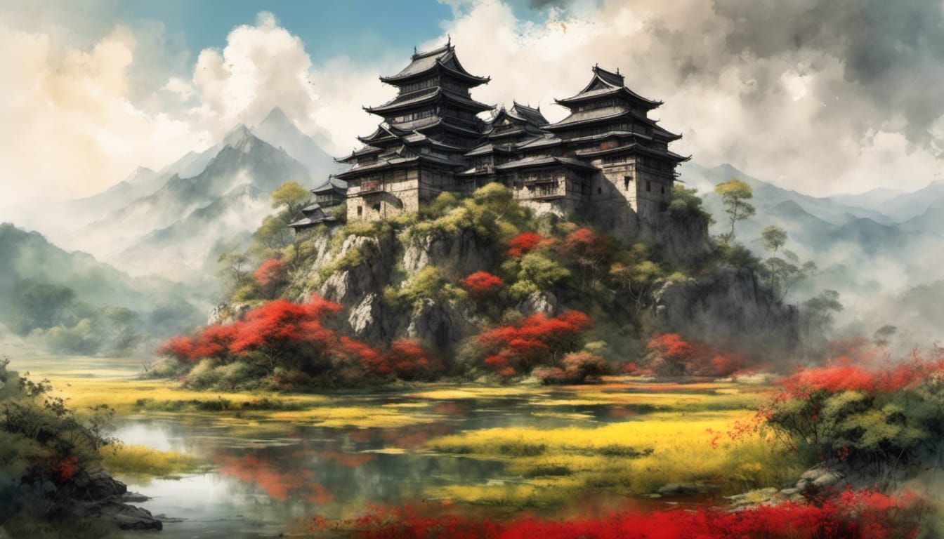 Japanese Castle Panorama with Rice Fields