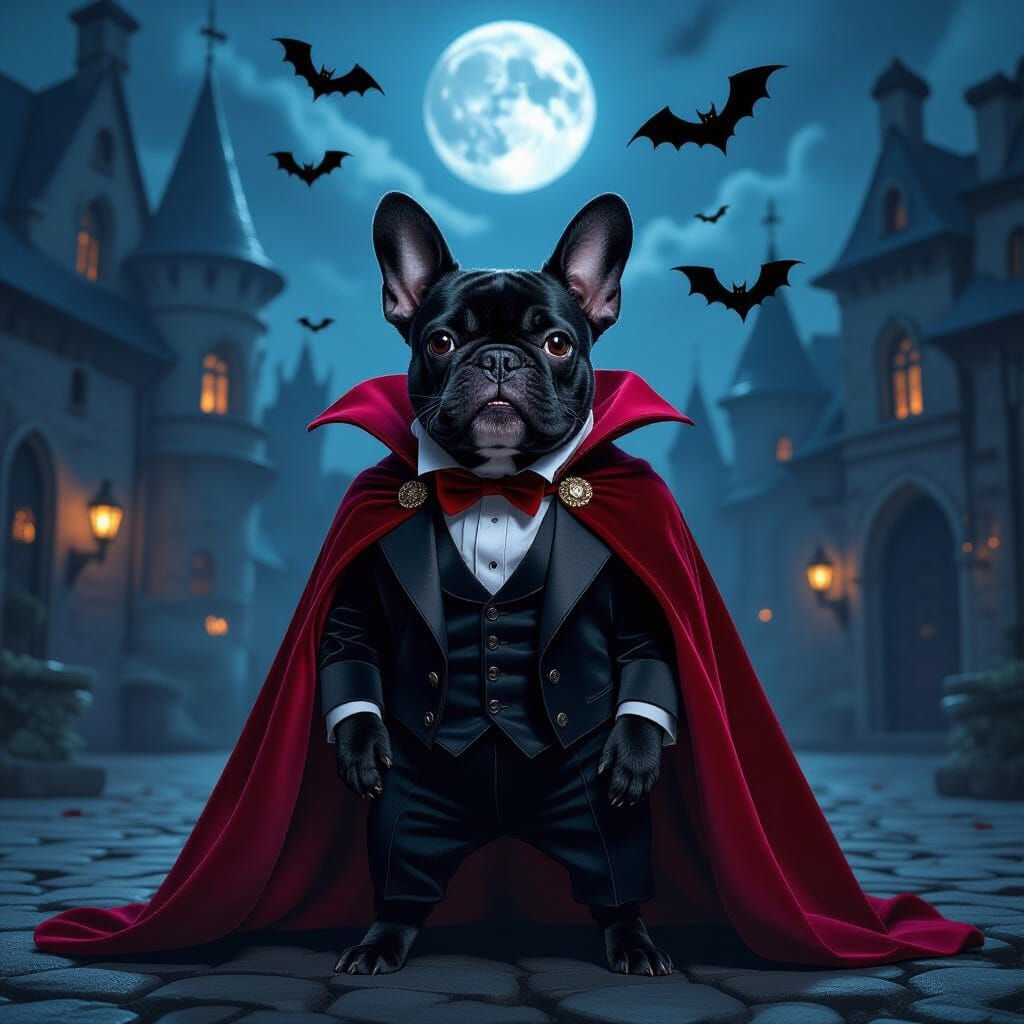 Vampire French Bulldog in Gothic Castle Courtyard