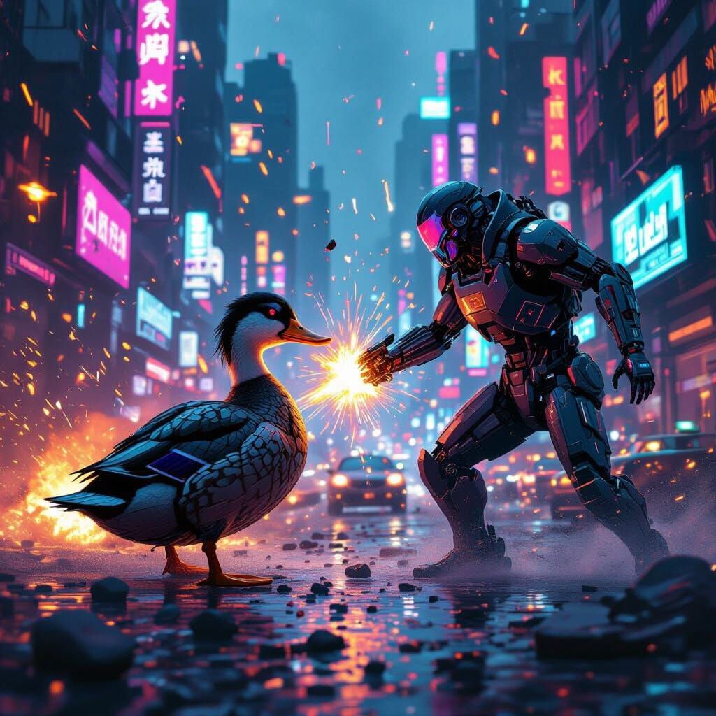 Cybernetic Man Battles Robotic Duck in Explosive Cityscape