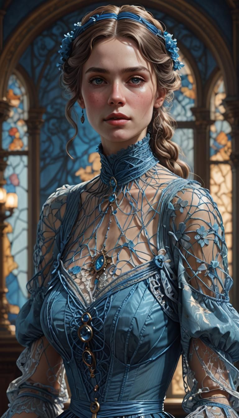Victorian Woman in Blue String Dress, Art Nouveau Portrait