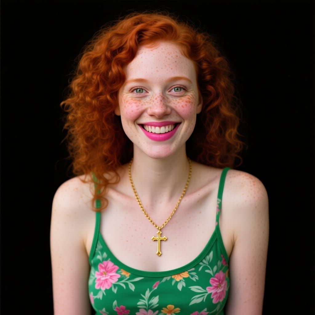 Hyperrealistic Portrait of a Smiling Redhead Woman