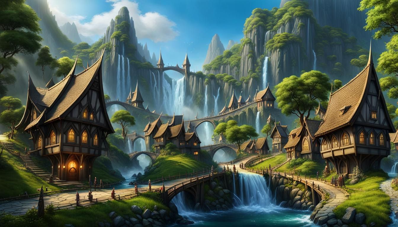 Epic Fantasy Elven Village with Waterfall