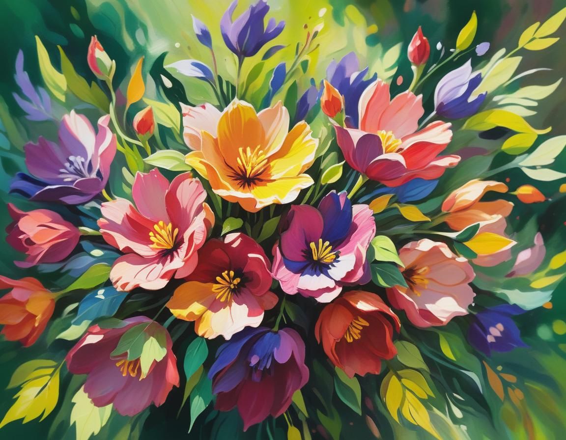 Colorful Flowers Unfolding in Gouache Painting