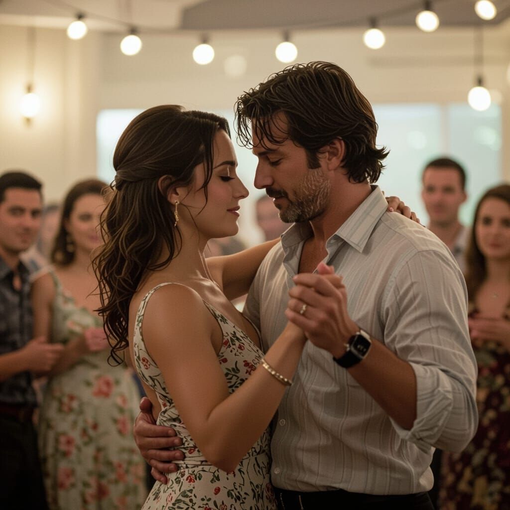 Intimate Dance Scene with Confused Onlookers