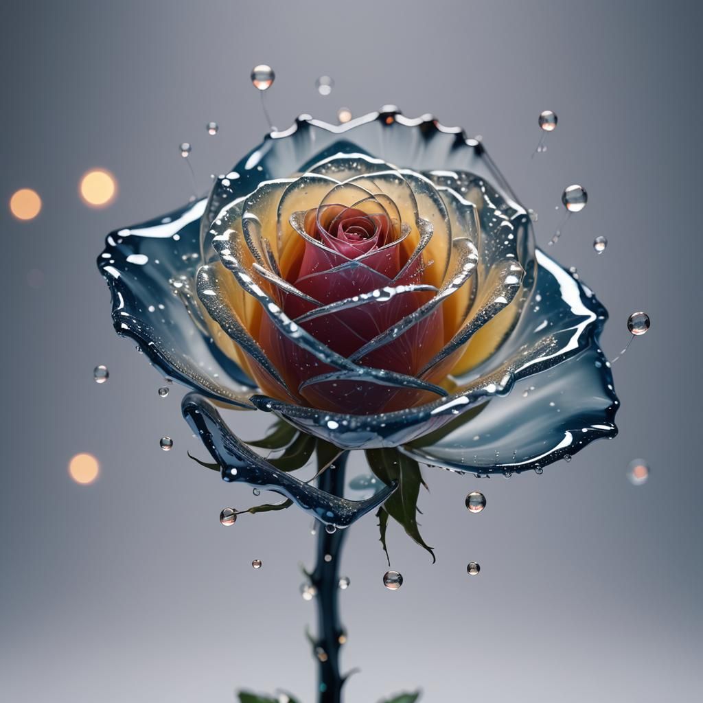 Glass Rose Trapped in Water Drop with Radiance