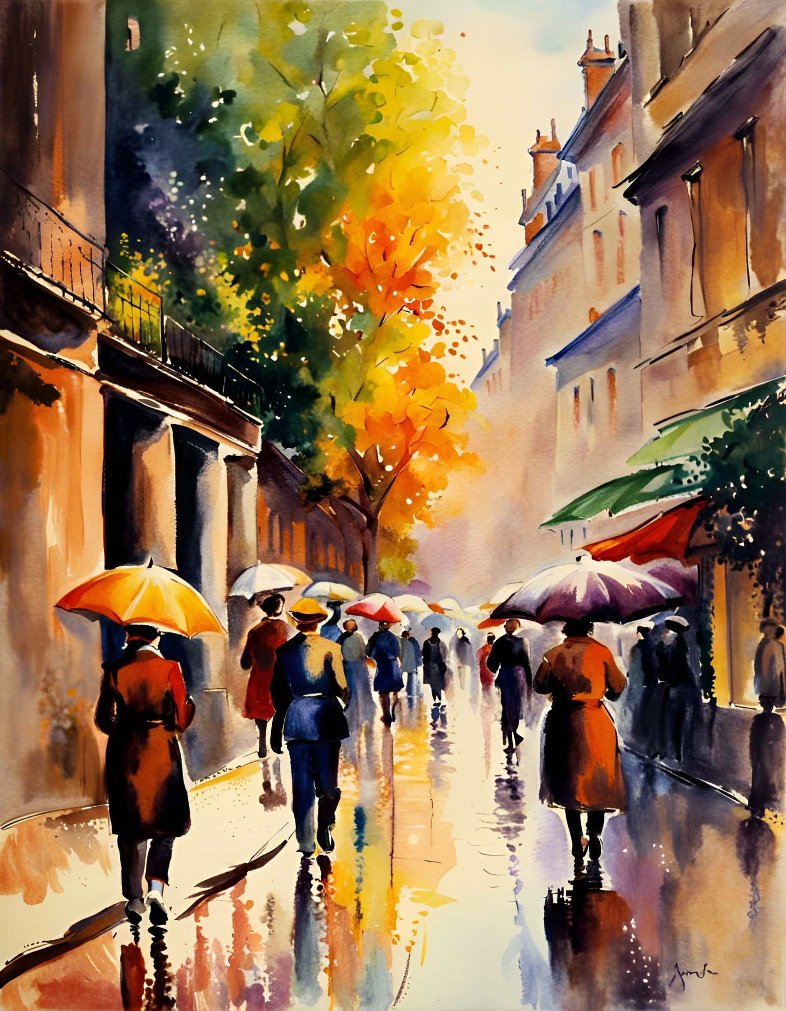 Wet smudge stylised Watercolour painting, a city street with people walking (Claude Monet)