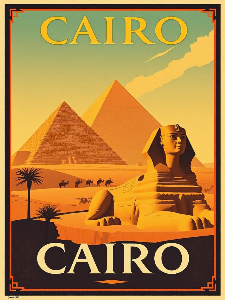 Cairo Travel Poster: Art Nouveau Pyramids and Sphinx