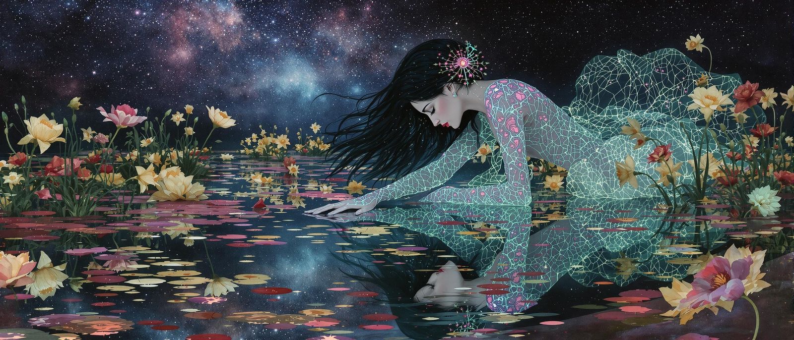 Bioluminescent Goddess Reflecting in Poppy Pond: Dark Fantas...