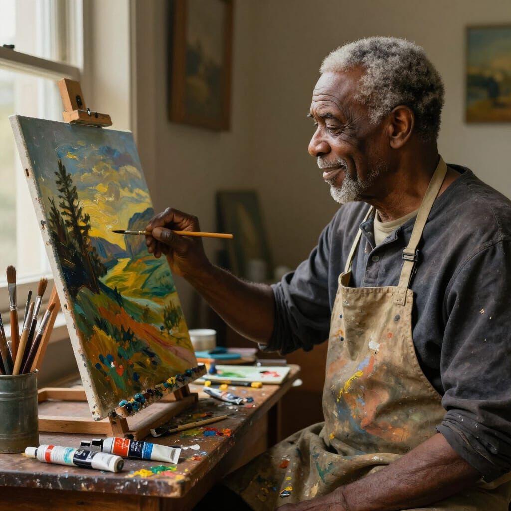 Elderly Artist Paints Vibrant Landscape in Realism Style