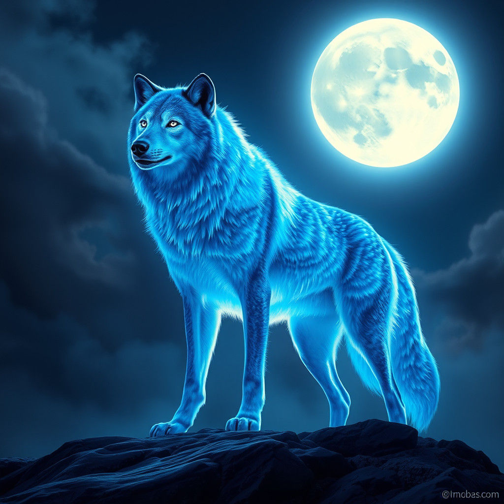 Radiant Blue Wolf Under Pale Moon
