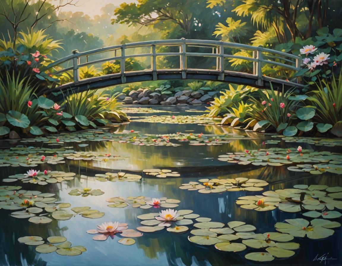 Japanese Bridge and Waterlilies in Romanticism Style