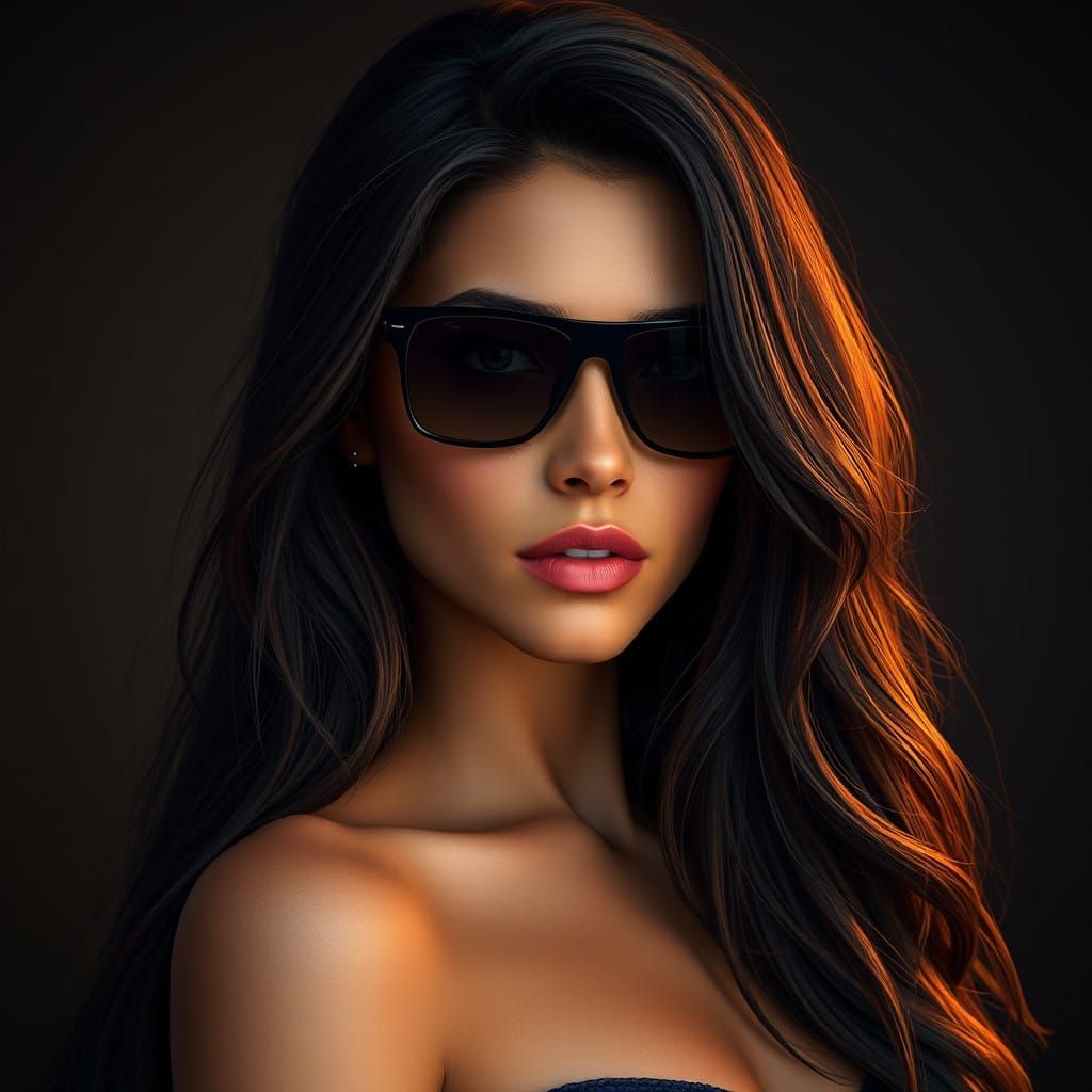 A headshot of a Grecian woman with long dark hair and sunglasses.